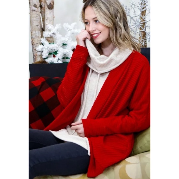 Sweaters - Red Waffle Knit Dolman Sleeve Cardigan